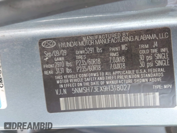 2009 Hyundai Santa Fe SE with VIN 5NMSH73EX9H318027, listed as a IAAI auction lot 42668676 with 185,610 mi miles and . Bid and sale history available at DreamBid. Image 9.