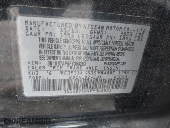 2015 Nissan Sentra SV with VIN 3N1AB7AP4FY368203, listed as a IAAI auction lot 41943298 with 115,375 mi miles. Bid and sale history available at carsss.com. Image 9.
