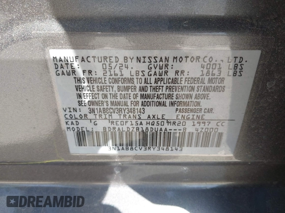 2024 Nissan Sentra SV with VIN 3N1AB8CV3RY348143, listed as a IAAI auction lot 41860747 with 2,270 mi miles and . Bid and sale history available at DreamBid. Image 9.