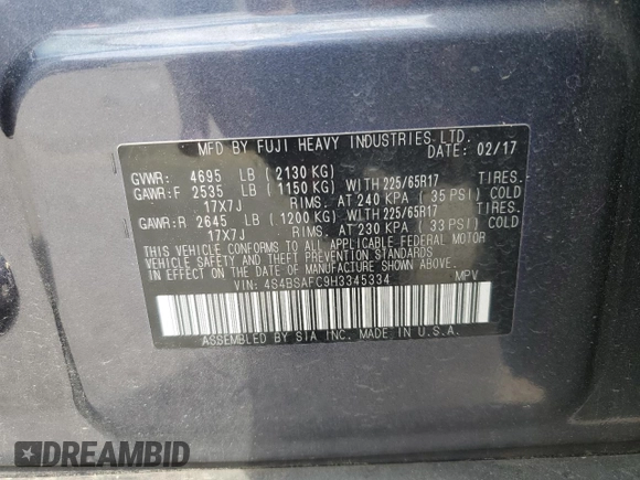2017 Subaru Outback Premium z VIN 4S4BSAFC9H3345334, wystawiony jako Copart lot #58499525 z przebiegiem 43 553 mil mil oraz Szkoda całkowita • Salvage title. Historia ofert i sprzedaży dostępna na DreamBid. Obrazek 12.