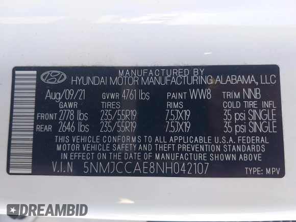 2022 Hyundai Tucson SEL with VIN 5NMJCCAE8NH042107, listed as a IAAI auction lot 41662869 with 39,456 mi miles. Bid and sale history available at carsss.com. Image 9.