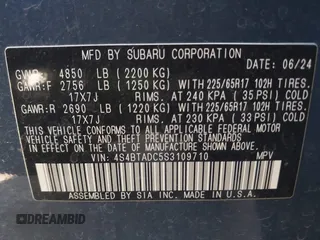 2025 Subaru Outback Premium z VIN 4S4BTADC5S3109710, wystawiony jako IAAI lot #42106499 z przebiegiem 12 127 mil mil oraz . Historia ofert i sprzedaży dostępna na DreamBid. Obrazek 9.