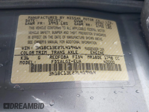 2007 Nissan Versa 1.8 S with VIN 3N1BC13E27L419464, listed as a IAAI auction lot 41776767 with 184,484 mi miles. Bid and sale history available at carsss.com. Image 9.