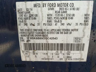 2016 Ford Explorer with VIN 1FM5K8B89GGC42543, listed as a IAAI auction lot 41887455 with 150,829 mi miles and . Bid and sale history available at carsss.com. Image 9.