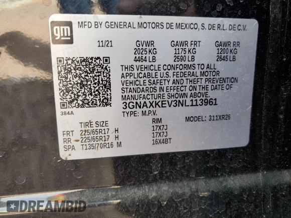 2022 Chevrolet Equinox LT with VIN 3GNAXKEV3NL113961, listed as a Copart auction lot 50740045 with 49,555 mi miles and Salvage Title. Bid and sale history available at DreamBid. Image 13.