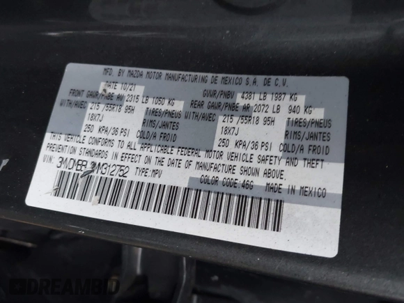 2021 Mazda CX-30 Select with VIN 3MVDMBBL2MM312752, listed as a IAAI auction lot 41933342 with 52,213 mi miles and . Bid and sale history available at DreamBid. Image 9.