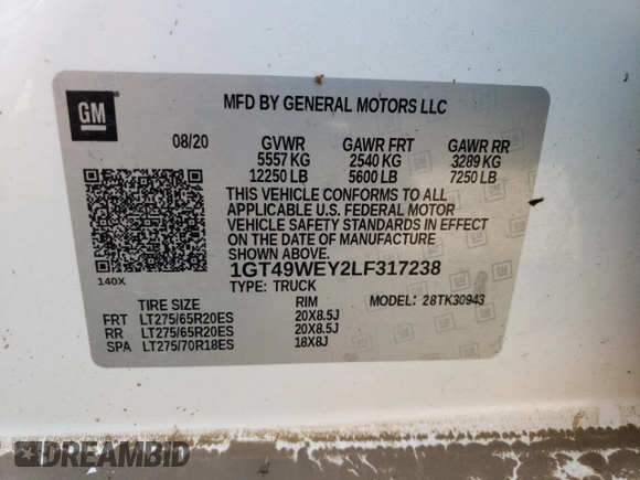 2020 GMC Sierra 3500HD Denali z VIN 1GT49WEY2LF317238, wystawiony jako Copart lot #61554414 z przebiegiem Nie podano mil oraz Szkoda całkowita • Salvage title. Historia ofert i sprzedaży dostępna na DreamBid. Obrazek 12.