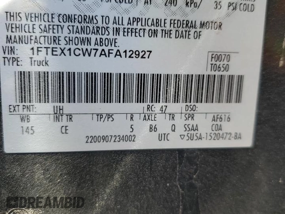2010 Ford F-150 XL with VIN 1FTEX1CW7AFA12927, listed as a Copart auction lot 41544835 with 240,143 mi miles and Salvage Title. Bid and sale history available at carsss.com. Image 13.