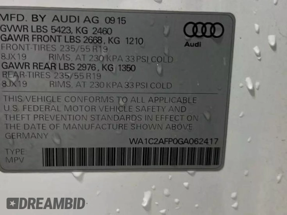 2016 Audi Q5 Premium with VIN WA1C2AFP0GA062417, listed as a Copart auction lot 57830855 with 74,281 mi miles and Clean title. Bid and sale history available at DreamBid. Image 10.