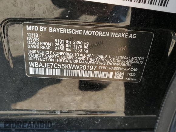 2019 BMW 5 Series 540i xDrive z VIN WBAJE7C55KWW20197, wystawiony jako Copart lot #58353645 z przebiegiem 50 431 mil mil oraz Szkoda całkowita • Salvage title. Historia ofert i sprzedaży dostępna na DreamBid. Obrazek 12.