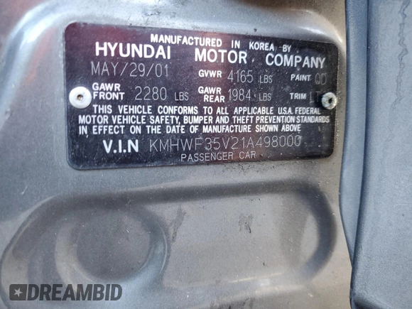 2001 Hyundai Sonata GLS with VIN KMHWF35V21A498000, listed as a Copart auction lot 47246965 with 111,616 mi miles and Salvage Title. Bid and sale history available at carsss.com. Image 12.