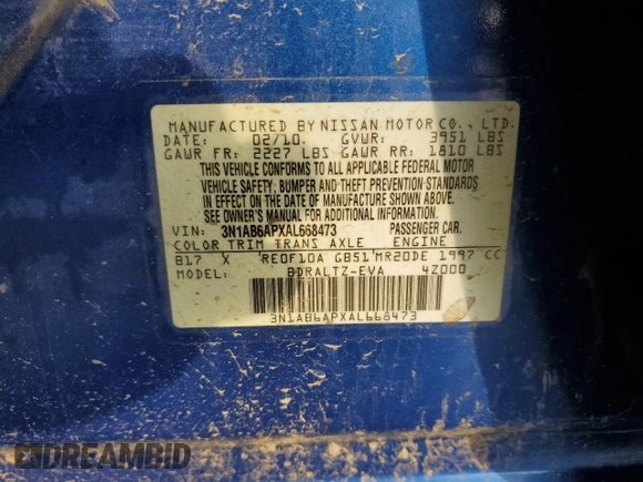 2010 Nissan Sentra S with VIN 3N1AB6APXAL668473, listed as a Copart auction lot 51509905 with Not Provided miles and Salvage Title. Bid and sale history available at carsss.com. Image 12.