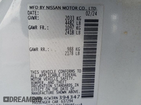 2024 Nissan Altima 2.5 SR with VIN 1N4BL4CW3RN394347, listed as a Copart auction lot 44766535 with 16,337 mi miles and Salvage Title. Bid and sale history available at carsss.com. Image 12.