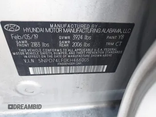 2019 Hyundai Elantra SE with VIN 5NPD74LF0KH466005, listed as a IAAI auction lot 41535177 with 39,385 mi miles and . Bid and sale history available at DreamBid. Image 9.