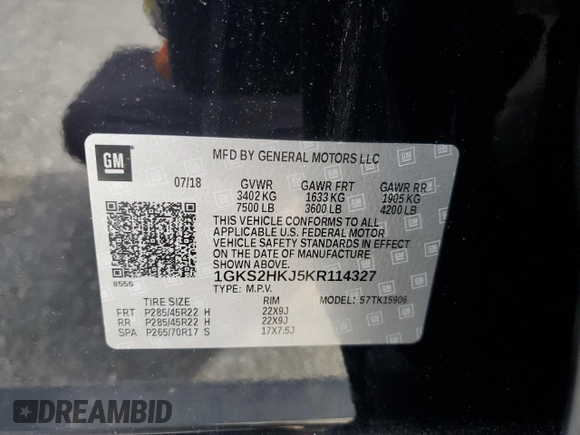 2019 GMC Yukon XL Denali with VIN 1GKS2HKJ5KR114327, listed as a Copart auction lot 55536375 with 55,390 mi miles and Clean Title. Bid and sale history available at DreamBid. Image 13.