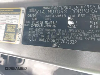 2015 Kia Sportage LX with VIN KNDPBCAC9F7671332, listed as a IAAI auction lot 41595834 with 146,535 mi miles and . Bid and sale history available at carsss.com. Image 9.