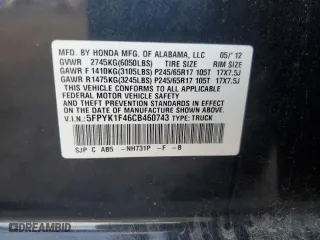 2012 Honda Ridgeline RTS with VIN 5FPYK1F46CB460743, listed as a Copart auction lot 85034884 with 162,200 mi miles and Salvage Title. Bid and sale history available at carsss.com. Image 13.