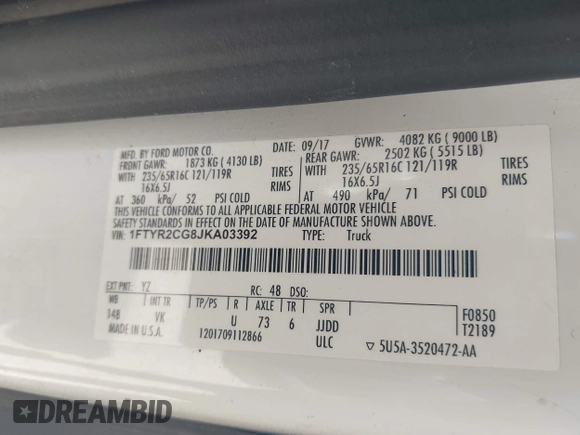 2018 Ford Transit с VIN 1FTYR2CG8JKA03392, выставлен на аукционе IAAI как лот 42525654 с пробегом 218 383 миль миль и . История ставок и продаж доступна на DreamBid. Изображение 9.