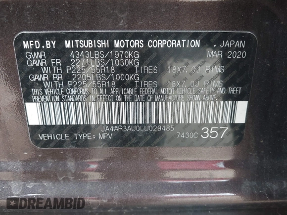 2020 Mitsubishi Outlander Sport ES 2.0 with VIN JA4AR3AU0LU029485, listed as a IAAI auction lot 41622733 with 54,659 mi miles. Bid and sale history available at carsss.com. Image 9.