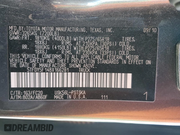 2011 Toyota Tundra 4WD Truck with VIN 5TFDY5F14BX166281, listed as a Copart auction lot 41832665 with 179,397 mi miles and Salvage Title. Bid and sale history available at carsss.com. Image 12.