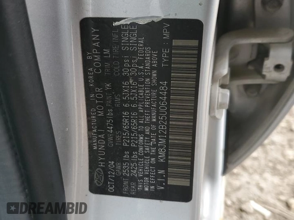 2005 Hyundai Tucson GL with VIN KM8JM12B25U064484, listed as a Copart auction lot 87057974 with 88,442 mi miles and Salvage Title. Bid and sale history available at carsss.com. Image 12.