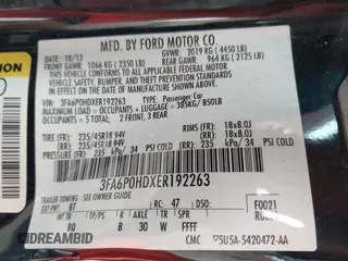 2014 Ford Fusion SE with VIN 3FA6P0HDXER192263, listed as a IAAI auction lot 41894357 with 209,626 mi miles. Bid and sale history available at carsss.com. Image 9.