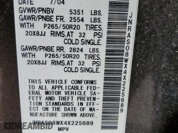 2004 Infiniti FX35 with VIN JNRAS08WX4X225689, listed as a Copart auction lot 56249284 with 175,719 mi miles and Salvage Title. Bid and sale history available at carsss.com. Image 13.