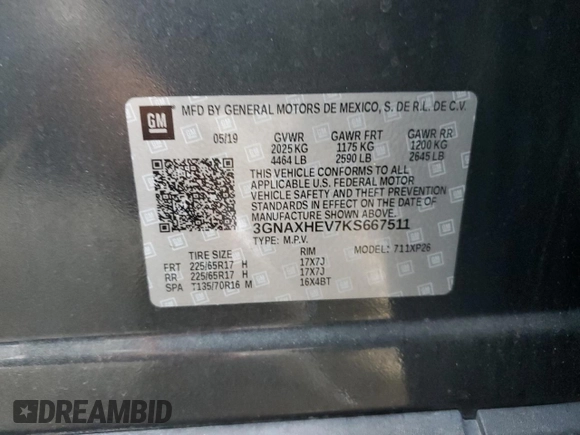2019 Chevrolet Equinox LS z VIN 3GNAXHEV7KS667511, wystawiony jako Copart lot #75050084 z przebiegiem 88 443 mil mil oraz Szkoda całkowita • Salvage title. Historia ofert i sprzedaży dostępna na DreamBid. Obrazek 13.