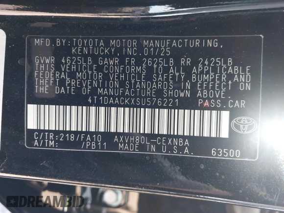 2025 Toyota Camry LE with VIN 4T1DAACKXSU576221, listed as a IAAI auction lot 41548642 with Not Provided miles and . Bid and sale history available at DreamBid. Image 9.