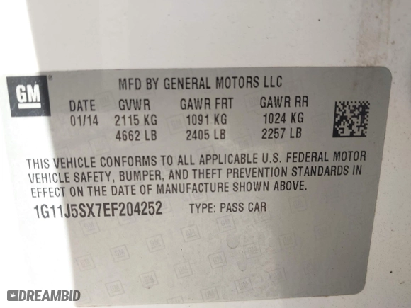 2014 Chevrolet Malibu LTZ with VIN 1G11J5SX7EF204252, listed as a IAAI auction lot 41439734 with 193,123 mi miles. Bid and sale history available at carsss.com. Image 9.