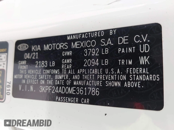 2021 Kia Forte LXS with VIN 3KPF24AD0ME361786, listed as a IAAI auction lot 42427196 with 60,013 mi miles and . Bid and sale history available at DreamBid. Image 9.