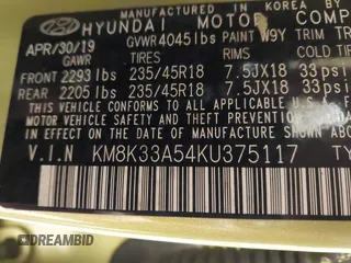 2019 Hyundai Kona Limited with VIN KM8K33A54KU375117, listed as a IAAI auction lot 41154823 with 81,716 mi miles and . Bid and sale history available at DreamBid. Image 9.