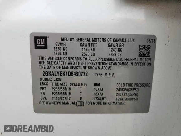 2013 GMC Terrain Denali z VIN 2GKALYEK1D6430772, wystawiony jako Copart lot #49146955 z przebiegiem 69 654 mil mil oraz Szkoda całkowita • Salvage title. Historia ofert i sprzedaży dostępna na DreamBid. Obrazek 13.