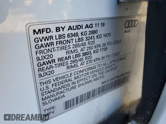 2020 Audi Q7 Premium Plus with VIN WA1LXAF74LD001646, listed as a Copart auction lot 89127205 with 62,382 mi miles and Clean Title. Bid and sale history available at carsss.com. Image 13.