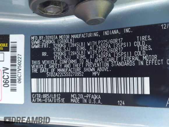 2005 Toyota Sienna XLE with VIN 5TDZA22C55S270952, listed as a IAAI auction lot 42165615 with 98,021 mi miles. Bid and sale history available at carsss.com. Image 9.