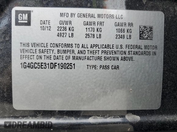2013 Buick LaCrosse Leather with VIN 1G4GC5E31DF190251, listed as a Copart auction lot 49687815 with 165,233 mi miles and Salvage Title. Bid and sale history available at carsss.com. Image 12.