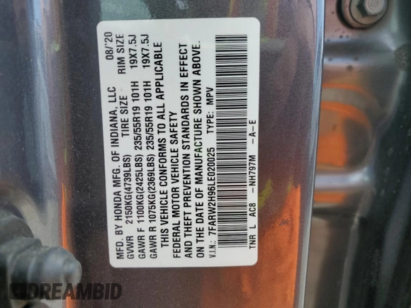 2020 Honda CR-V Touring with VIN 7FARW2H96LE020025, listed as a Copart auction lot 53718965 with 37,906 mi miles and Salvage title. Bid and sale history available at DreamBid. Image 13.