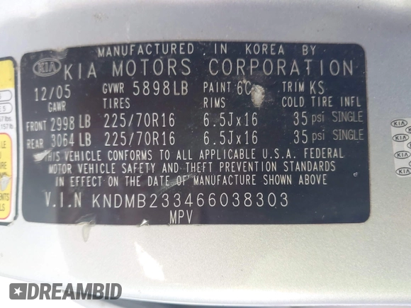 2006 Kia Sedona LX with VIN KNDMB233466038303, listed as a IAAI auction lot 42237102 with 279,805 mi miles and . Bid and sale history available at DreamBid. Image 9.