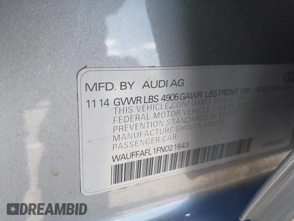 2015 Audi A4 Premium Plus с VIN WAUFFAFL1FN021643, выставлен на аукционе IAAI как лот 41959620 с пробегом 87 607 миль миль и . История ставок и продаж доступна на DreamBid. Изображение 9.
