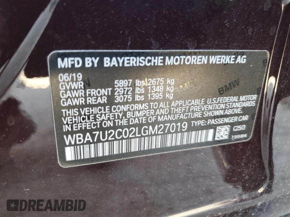 2020 BMW 7 Series 750i xDrive с VIN WBA7U2C02LGM27019, выставлен на аукционе Copart как лот 54122615 с пробегом Не указан миль и Списание • Salvage title. История ставок и продаж доступна на DreamBid. Изображение 12.