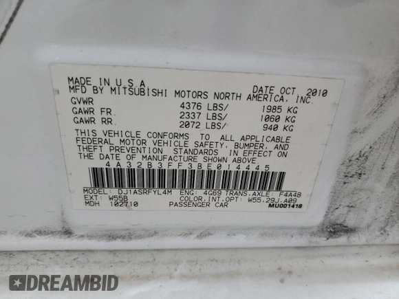 2011 Mitsubishi Galant ES z VIN 4A32B3FF3BE014445, wystawiony jako Copart lot #54678315 z przebiegiem 83 535 mil mil oraz Szkoda całkowita • Salvage title. Historia ofert i sprzedaży dostępna na DreamBid. Obrazek 13.