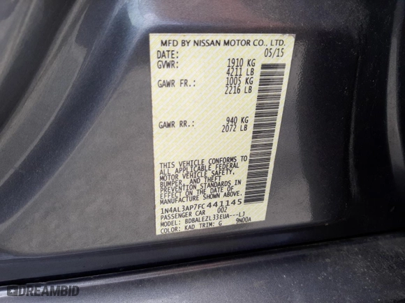 2015 Nissan Altima 2.5 SV with VIN 1N4AL3AP7FC441145, listed as a Copart auction lot 67557853 with 205,010 mi miles and Non Repairable. Bid and sale history available at carsss.com. Image 12.