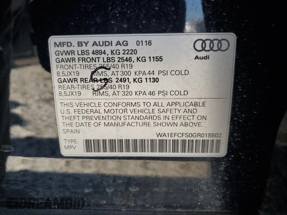 2016 Audi Q3 Premium Plus with VIN WA1EFCFS0GR015502, listed as a Copart auction lot 50520905 with 101,504 mi miles and Salvage Title. Bid and sale history available at carsss.com. Image 13.