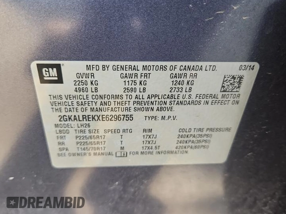2014 GMC Terrain SLE with VIN 2GKALREKXE6296755, listed as a Copart auction lot 62009115 with 130,217 mi miles and Salvage title. Bid and sale history available at DreamBid. Image 13.