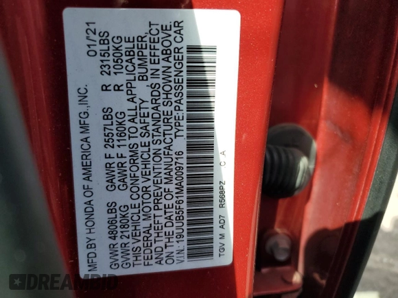 2021 Acura TLX w/Advance Package with VIN 19UUB5F61MA009716, listed as a Copart auction lot 76592364 with 0 mi miles and Salvage Title. Bid and sale history available at carsss.com. Image 12.