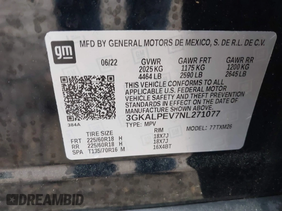 2022 GMC Terrain SLT with VIN 3GKALPEV7NL271077, listed as a IAAI auction lot 41844024 with 74,823 mi miles and . Bid and sale history available at DreamBid. Image 9.