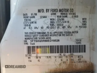 2008 Ford F-250 XL with VIN 1FTSW20R88ED18528, listed as a Copart auction lot 57080025 with 208,282 mi miles and Salvage title. Bid and sale history available at DreamBid. Image 12.
