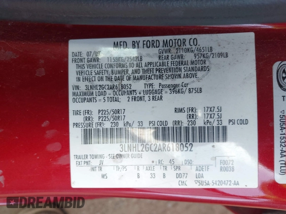 2010 Lincoln MKZ with VIN 3LNHL2GC2AR618052, listed as a IAAI auction lot 42079454 with 109,093 mi miles and . Bid and sale history available at DreamBid. Image 9.