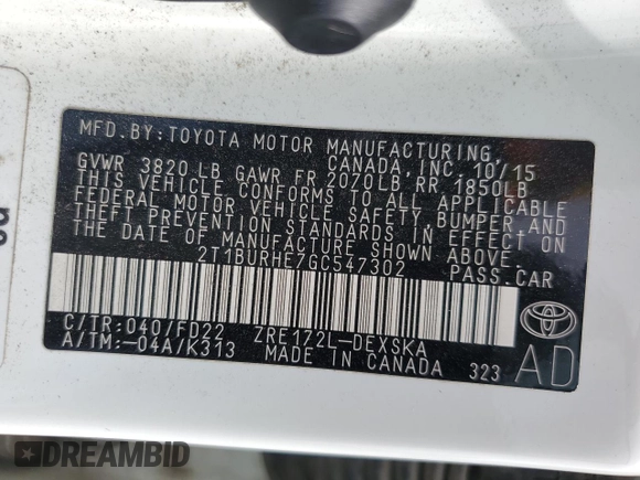 2016 Toyota Corolla L with VIN 2T1BURHE7GC547302, listed as a Copart auction lot 50621775 with 76,776 mi miles and Salvage Title. Bid and sale history available at DreamBid. Image 12.