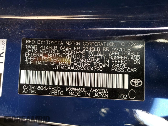 2024 Toyota Prius LE with VIN JTDACAAUXR3024790, listed as a Copart auction lot 44572915 with 0 mi miles and Salvage Title. Bid and sale history available at carsss.com. Image 12.